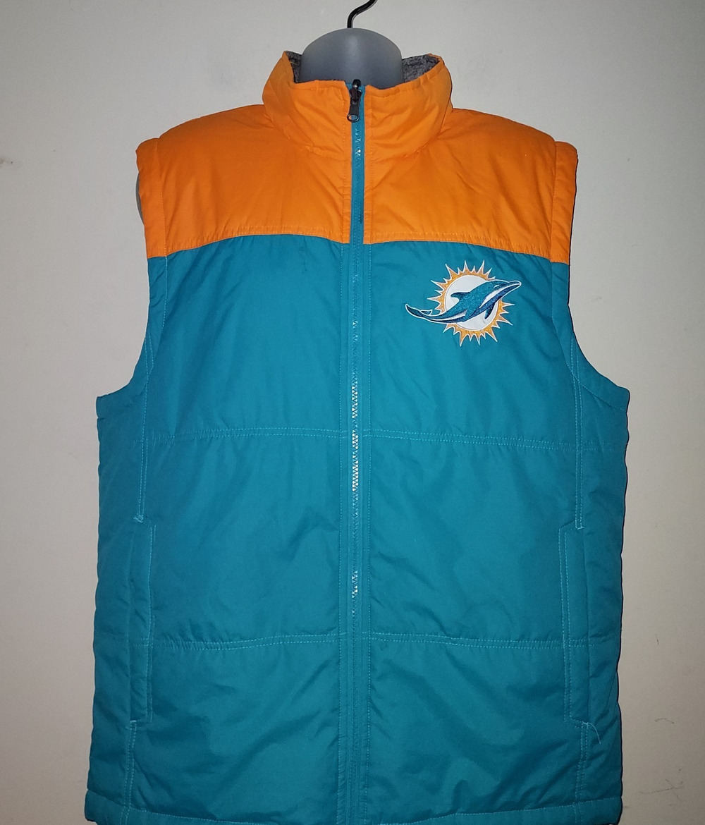 Miami Dolphins Men's Puffer Vest Large Reversible Full Zip NFL Orange Aqua